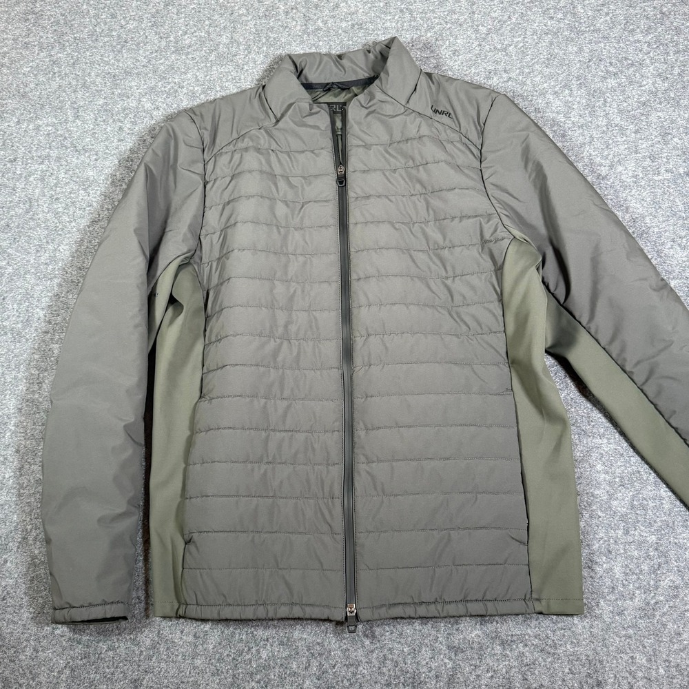 UNRL Montreal Quilted Jacket Mens Large Olive Green Full Zip Puffer Comfy Warm